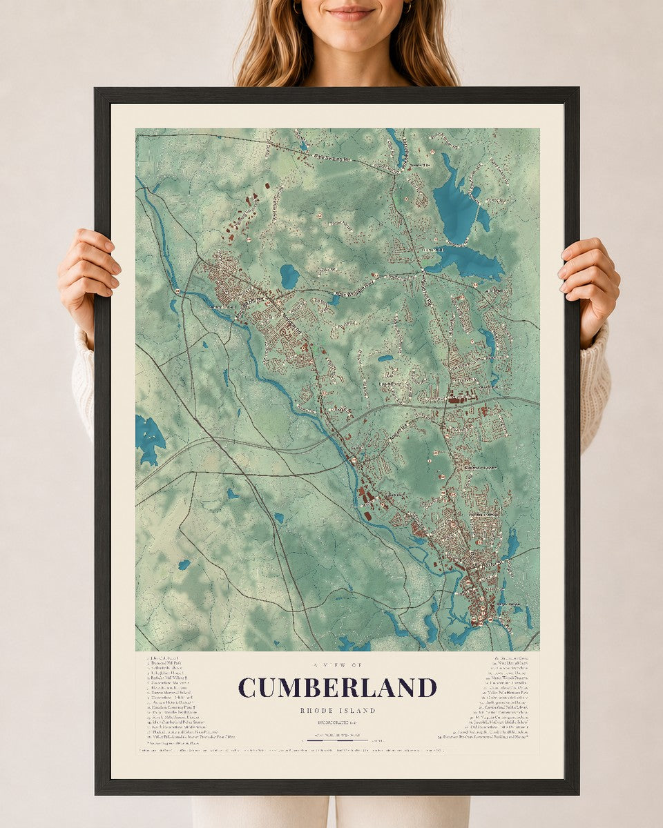 Cumberland, Rhode Island map print, 24" x 36" W/ Black Ayous Wood Frame mockup