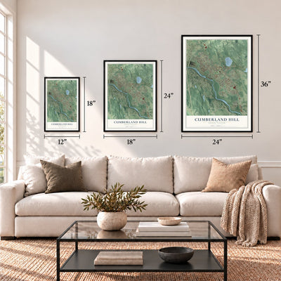 Cumberland Hill, Rhode Island map in 12 x 18, 18 x 24 and 24 x 36 inch sizes above a sofa