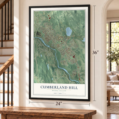 Cumberland Hill, Rhode Island map, 24 x 36 inch print in a black frame by a staircase