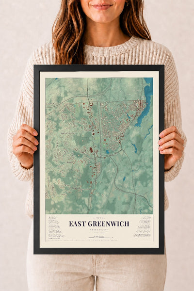 East Greenwich, Rhode Island map print, 12" x 18" W/ Black Ayous Wood Frame mockup