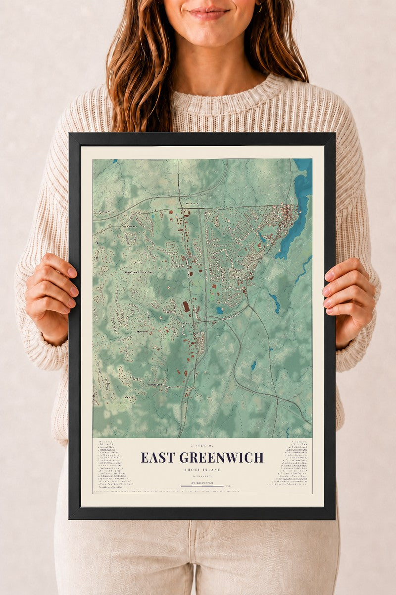 East Greenwich, Rhode Island map print, 12" x 18" W/ Black Ayous Wood Frame mockup