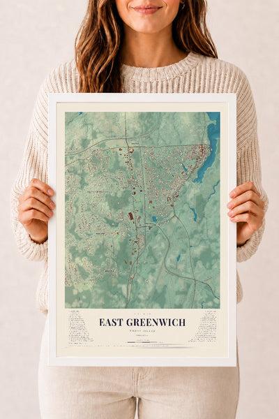 East Greenwich, Rhode Island map print, 12" x 18" W/ White Ayous Wood Frame mockup