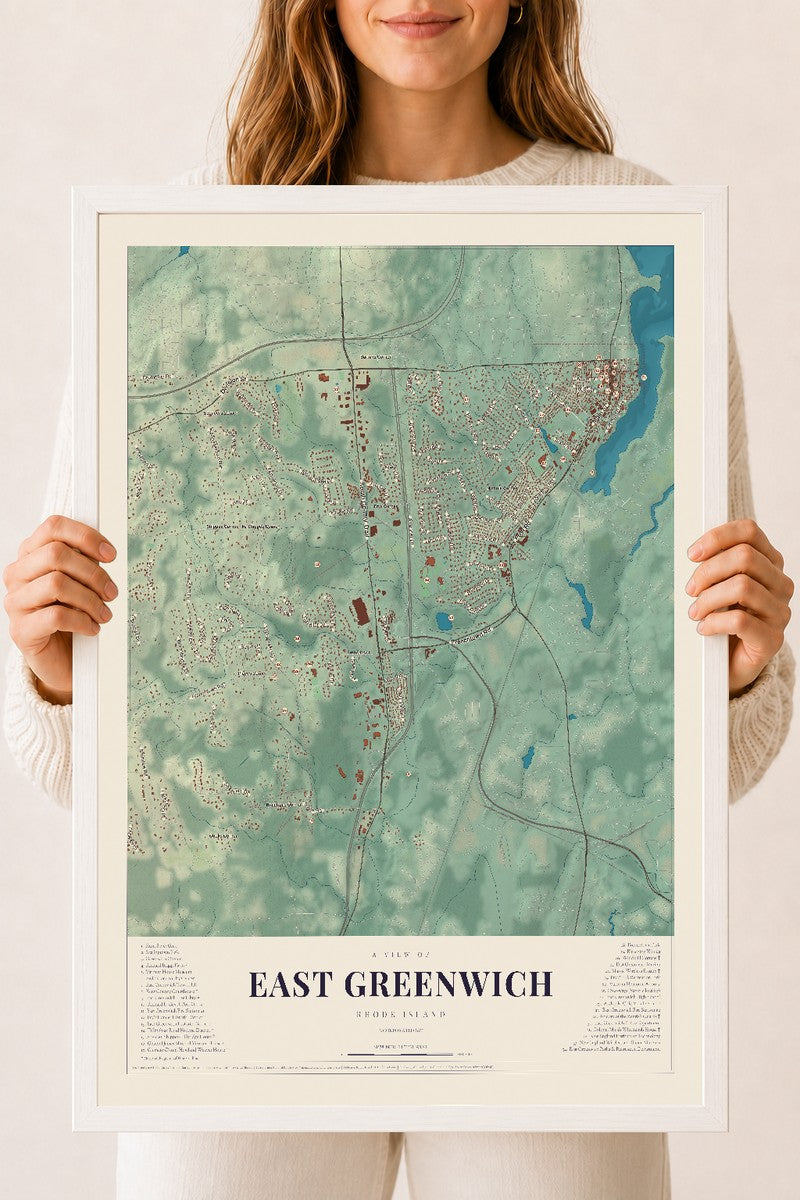 East Greenwich, Rhode Island map print, 18" x 24" W/ White Ayous Wood Frame mockup