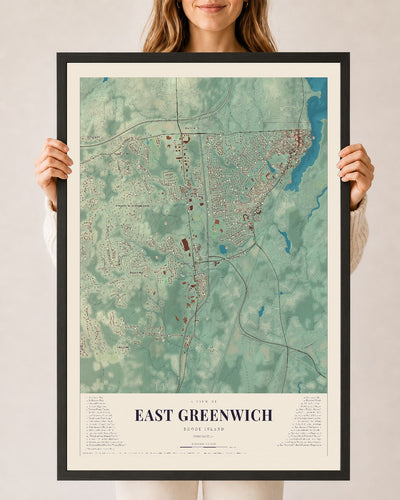 East Greenwich, Rhode Island map print, 24" x 36" W/ Black Ayous Wood Frame mockup