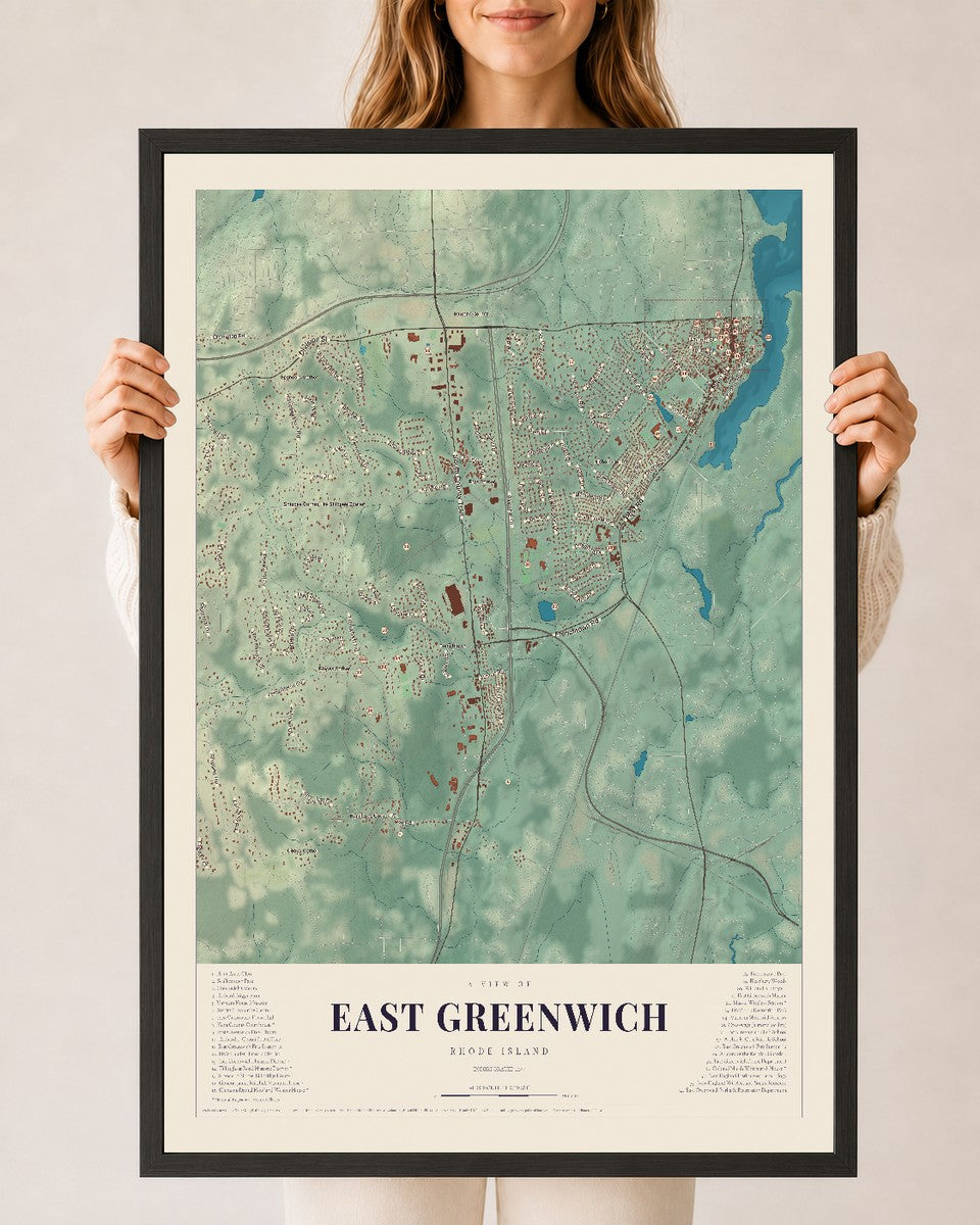 East Greenwich, Rhode Island map print, 24" x 36" W/ Black Ayous Wood Frame mockup