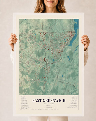 East Greenwich, Rhode Island map print, 24" x 36" W/ White Ayous Wood Frame mockup