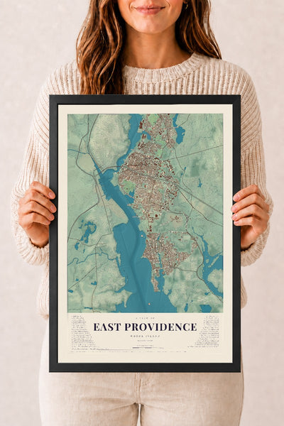 East Providence, Rhode Island map print, 12" x 18" W/ Black Ayous Wood Frame mockup