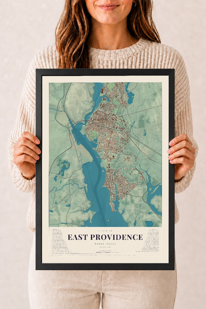 East Providence, Rhode Island map print, 12" x 18" W/ Black Ayous Wood Frame mockup