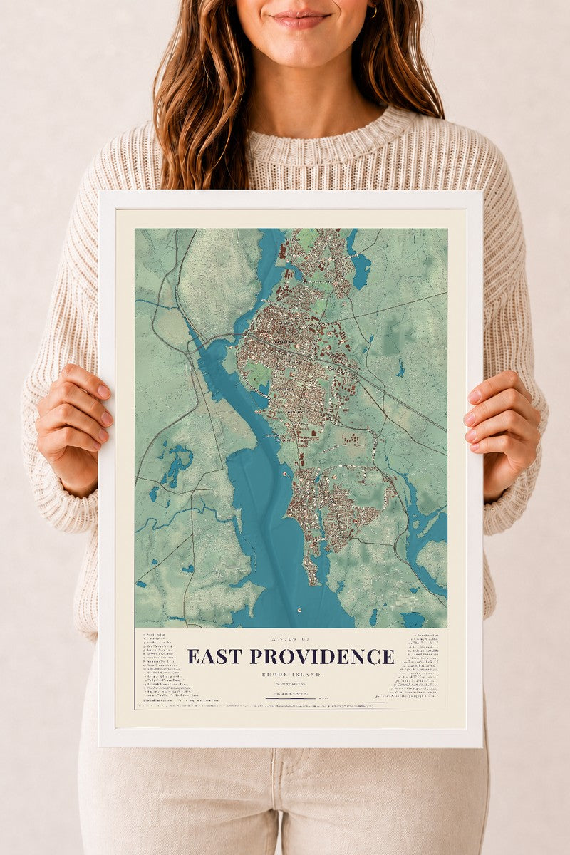 East Providence, Rhode Island map print, 12" x 18" W/ White Ayous Wood Frame mockup