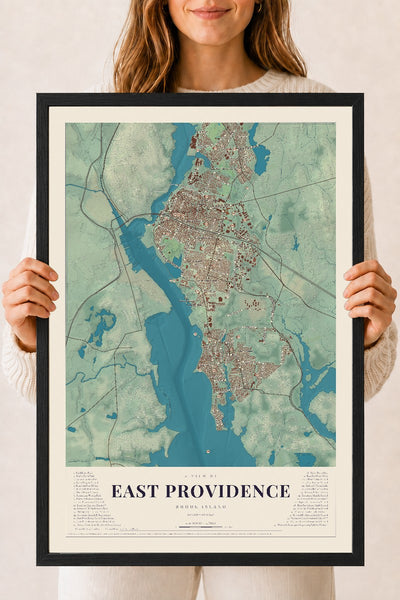 East Providence, Rhode Island map print, 18" x 24" W/ Black Ayous Wood Frame mockup