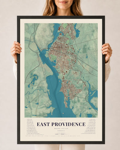 East Providence, Rhode Island map print, 24" x 36" W/ Black Ayous Wood Frame mockup