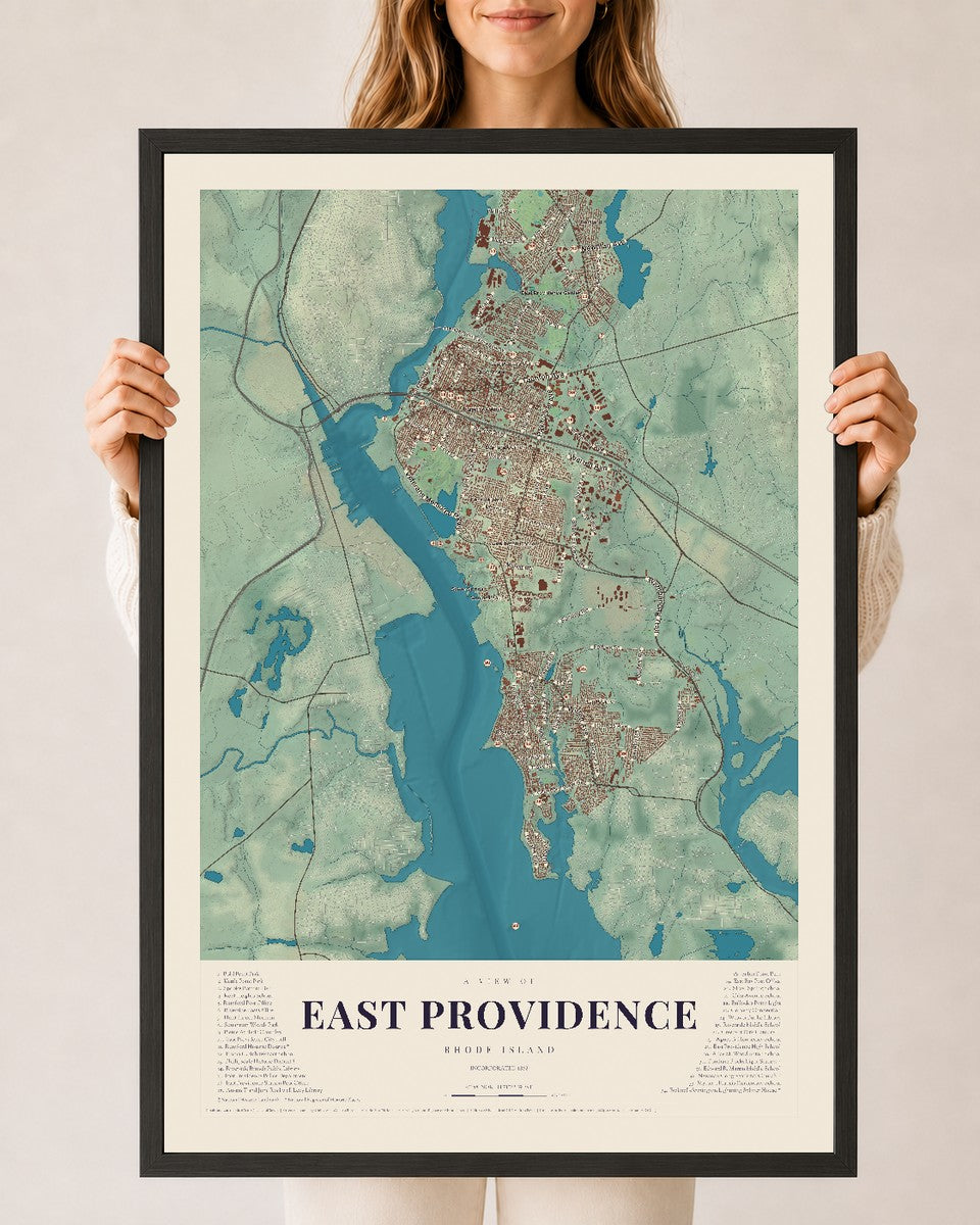 East Providence, Rhode Island map print, 24" x 36" W/ Black Ayous Wood Frame mockup