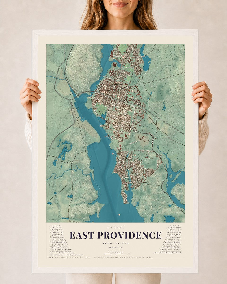 East Providence, Rhode Island map print, 24" x 36" W/ White Ayous Wood Frame mockup