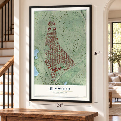 Elmwood, Rhode Island map, 24 x 36 inch print in a black frame by a staircase