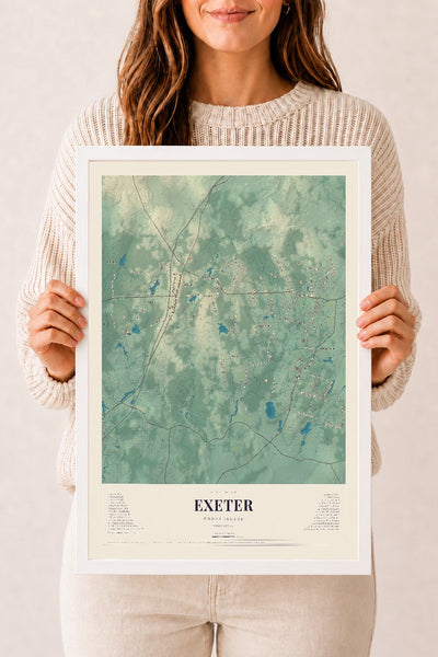 Exeter, Rhode Island map print, 12" x 18" W/ White Ayous Wood Frame mockup