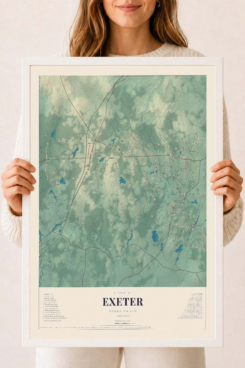 Exeter, Rhode Island map print, 18" x 24" W/ White Ayous Wood Frame mockup