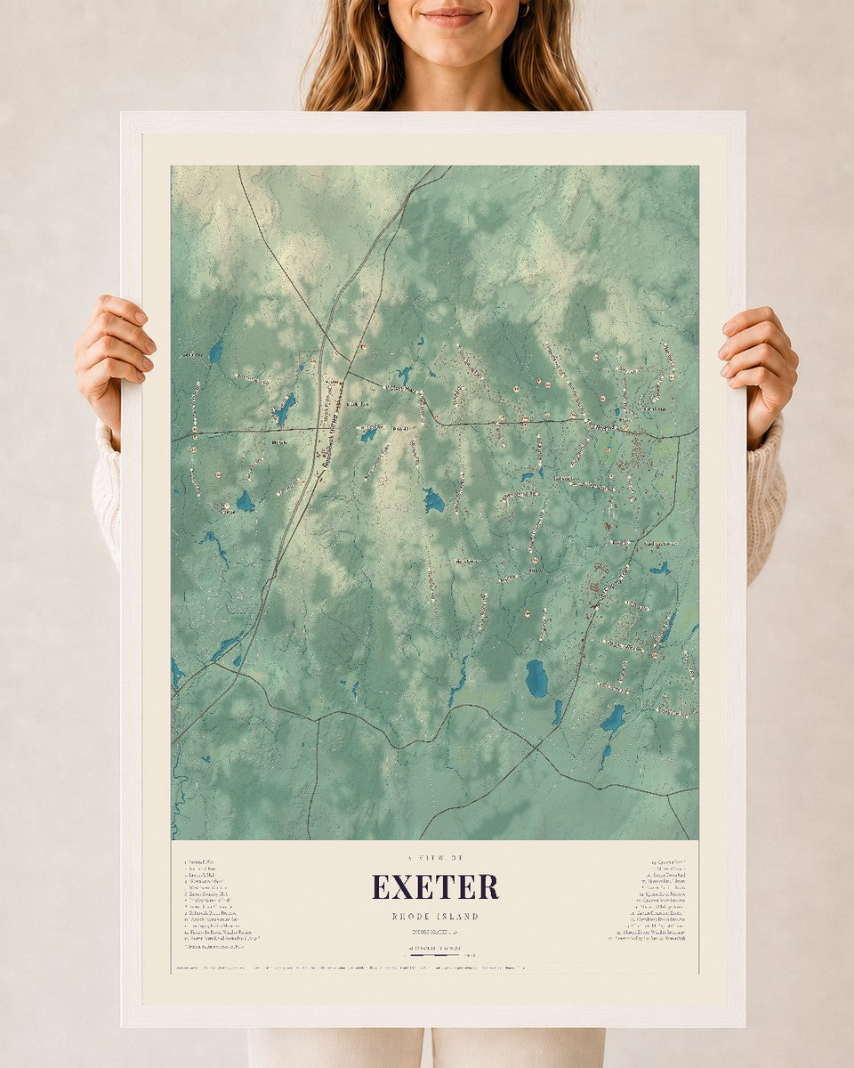 Exeter, Rhode Island map print, 24" x 36" W/ White Ayous Wood Frame mockup
