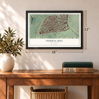 Federal Hill, Rhode Island map, 12 x 18 inch print in a black frame in an entryway