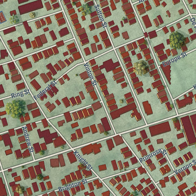 Close-up of the map of Federal Hill, Rhode Island print showing street and building detail