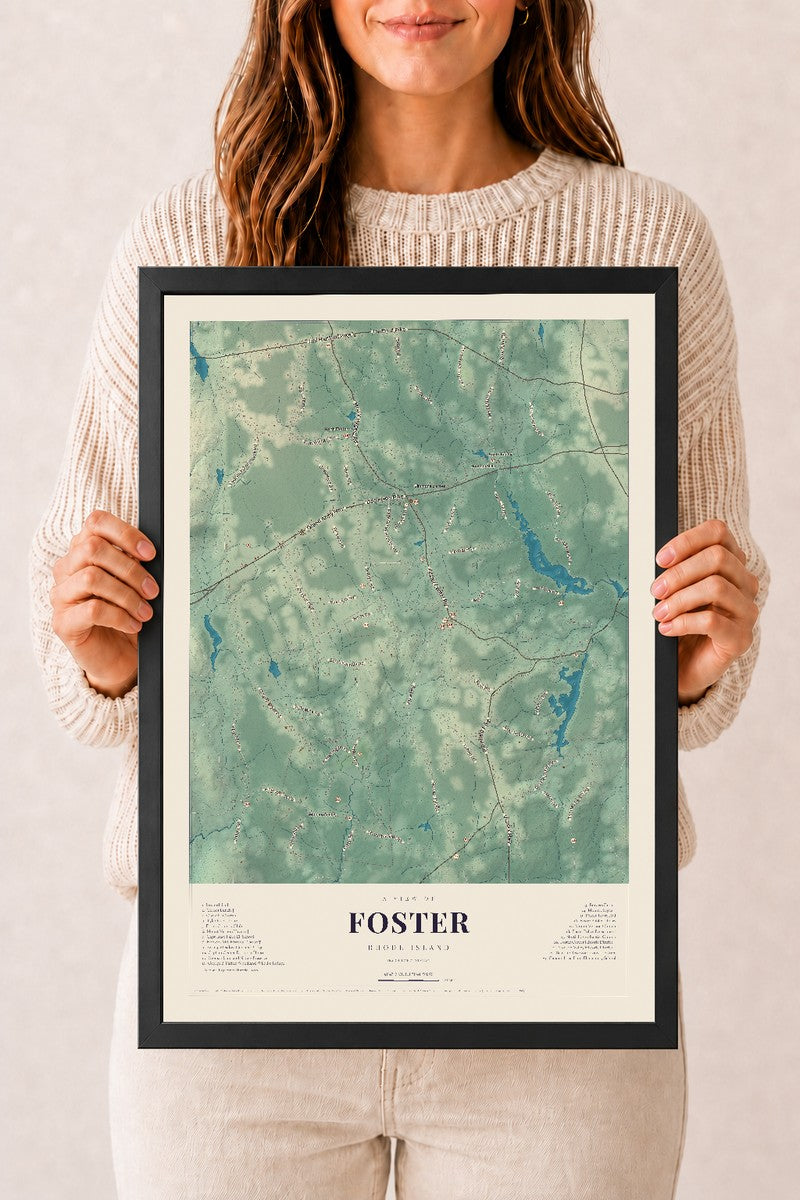Foster, Rhode Island map print, 12" x 18" W/ Black Ayous Wood Frame mockup
