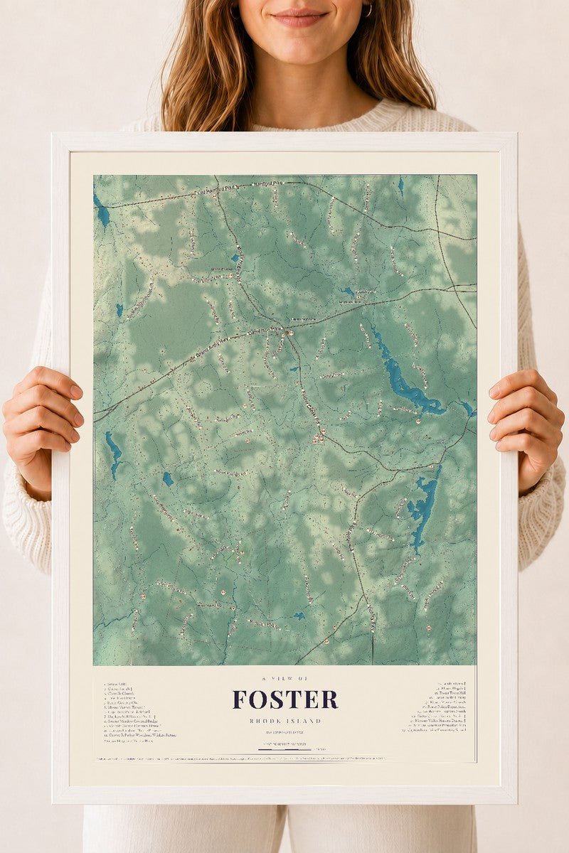 Foster, Rhode Island map print, 18" x 24" W/ White Ayous Wood Frame mockup