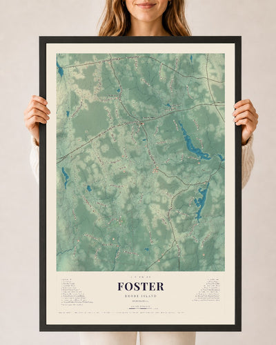 Foster, Rhode Island map print, 24" x 36" W/ Black Ayous Wood Frame mockup