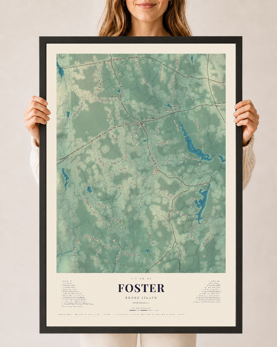 Foster, Rhode Island map print, 24" x 36" W/ Black Ayous Wood Frame mockup
