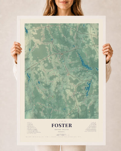 Foster, Rhode Island map print, 24" x 36" W/ White Ayous Wood Frame mockup