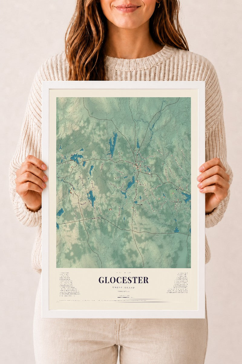 Glocester, Rhode Island map print, 12" x 18" W/ White Ayous Wood Frame mockup