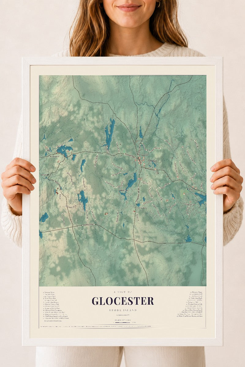 Glocester, Rhode Island map print, 18" x 24" W/ White Ayous Wood Frame mockup