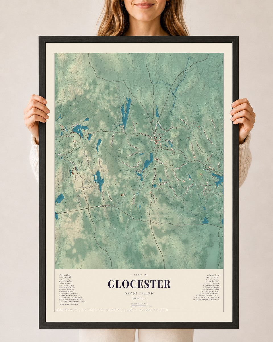 Glocester, Rhode Island map print, 24" x 36" W/ Black Ayous Wood Frame mockup