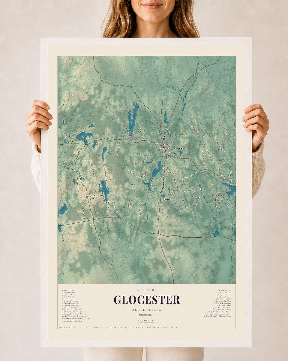 Glocester, Rhode Island map print, 24" x 36" W/ White Ayous Wood Frame mockup