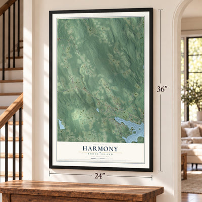 Harmony, Rhode Island map, 24 x 36 inch print in a black frame by a staircase