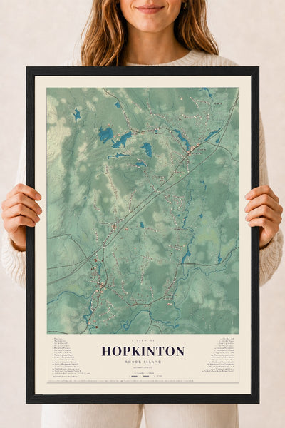 Hopkinton, Rhode Island map print, 18" x 24" W/ Black Ayous Wood Frame mockup