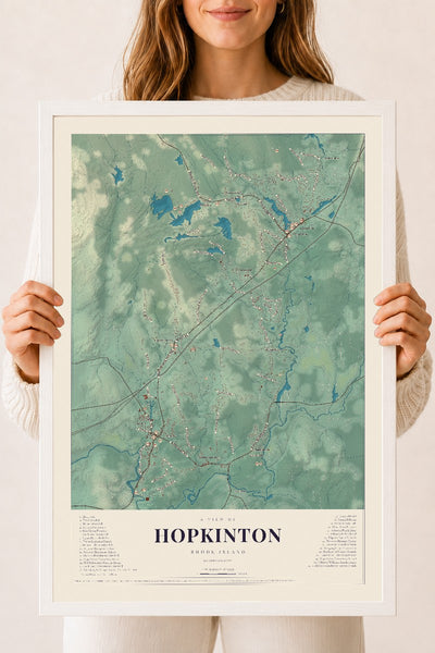 Hopkinton, Rhode Island map print, 18" x 24" W/ White Ayous Wood Frame mockup