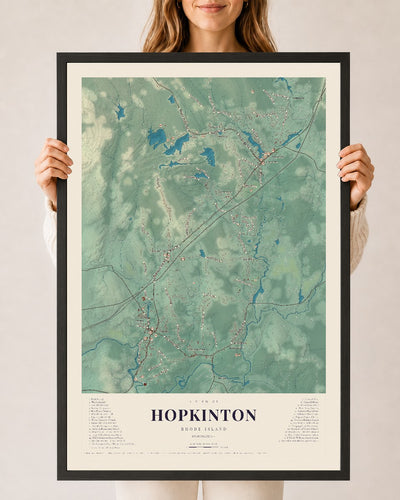 Hopkinton, Rhode Island map print, 24" x 36" W/ Black Ayous Wood Frame mockup