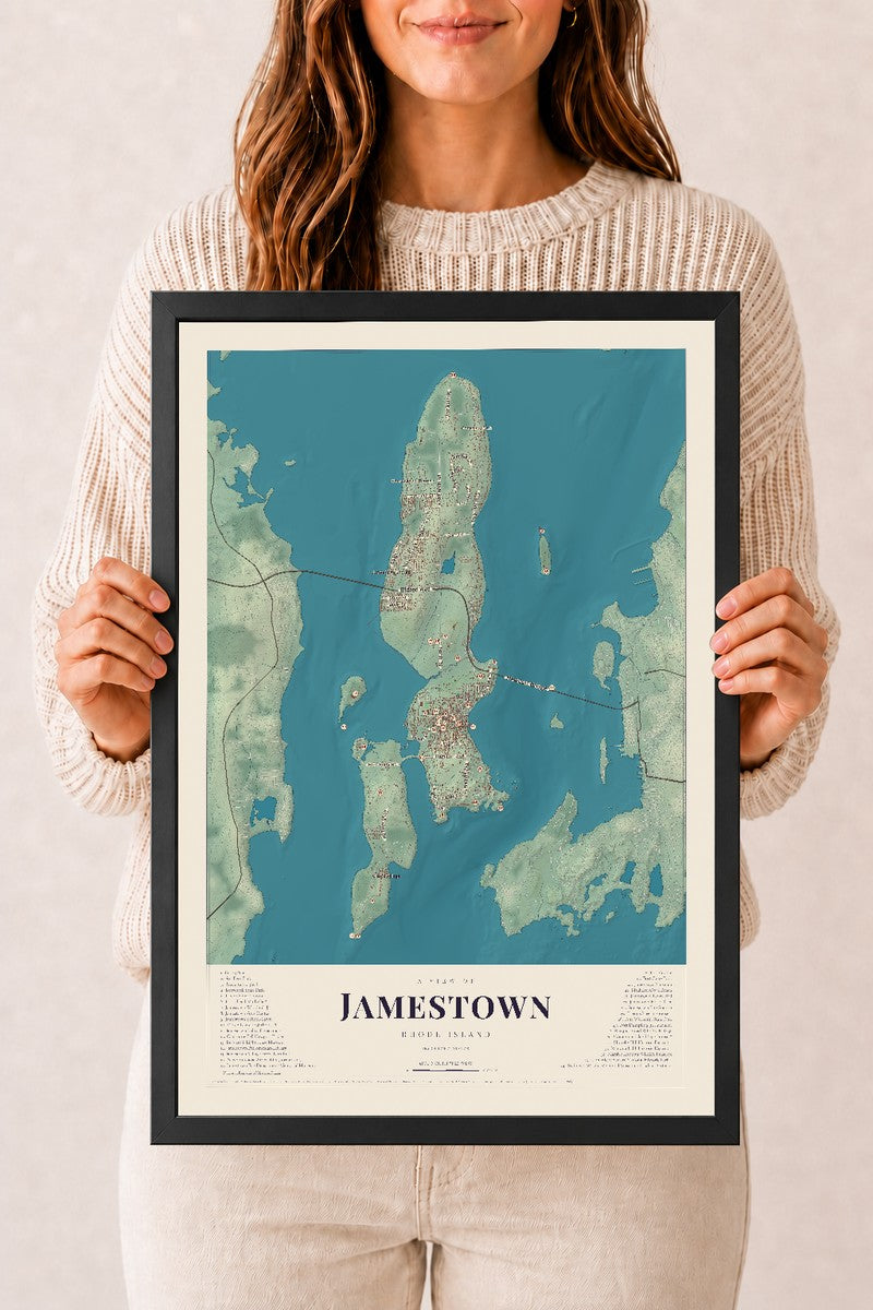Jamestown, Rhode Island map print, 12" x 18" W/ Black Ayous Wood Frame mockup