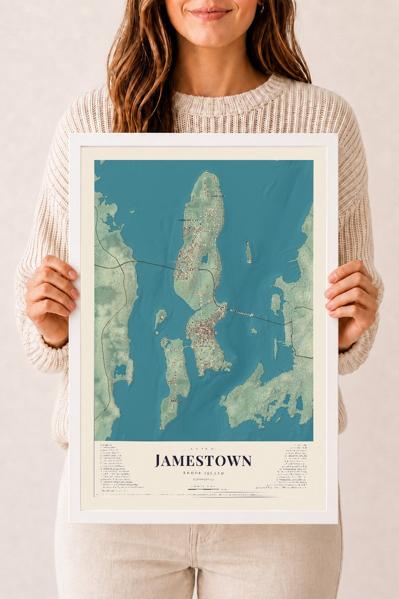 Jamestown, Rhode Island map print, 12" x 18" W/ White Ayous Wood Frame mockup
