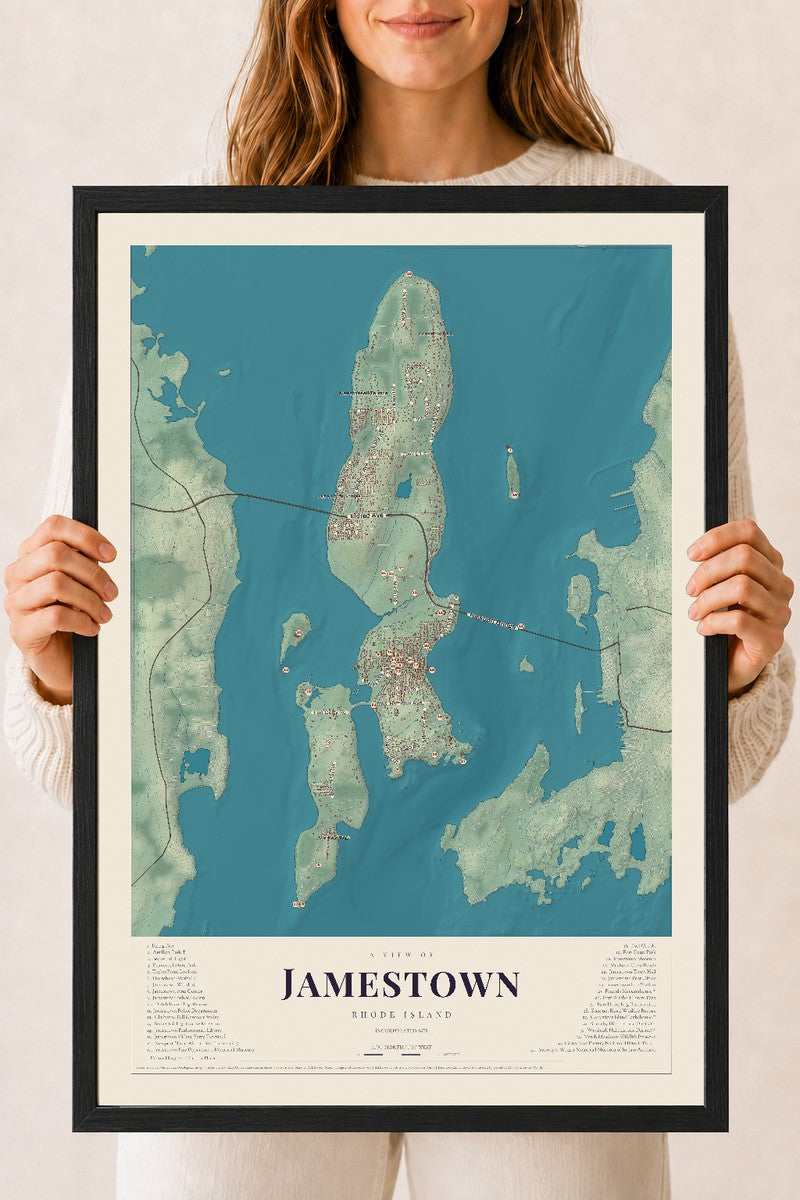 Jamestown, Rhode Island map print, 18" x 24" W/ Black Ayous Wood Frame mockup