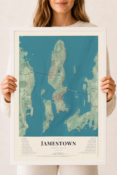 Jamestown, Rhode Island map print, 18" x 24" W/ White Ayous Wood Frame mockup