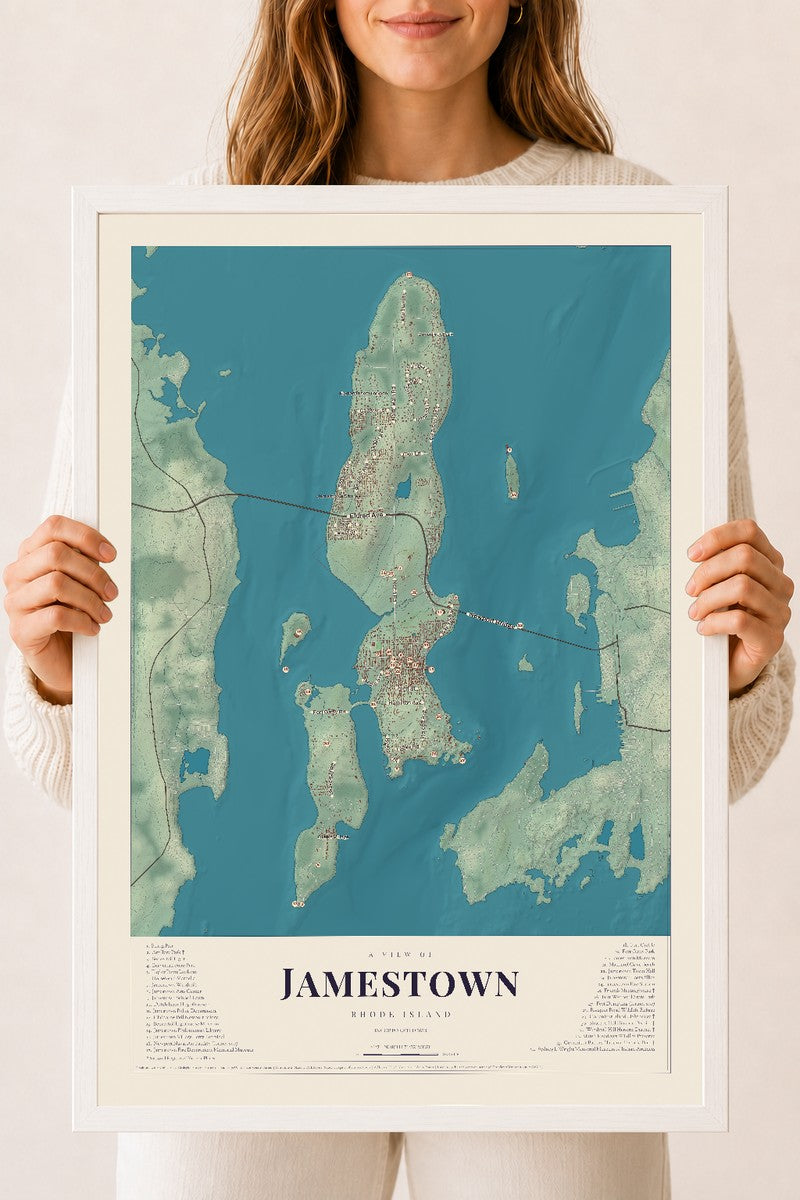 Jamestown, Rhode Island map print, 18" x 24" W/ White Ayous Wood Frame mockup