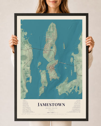 Jamestown, Rhode Island map print, 24" x 36" W/ Black Ayous Wood Frame mockup