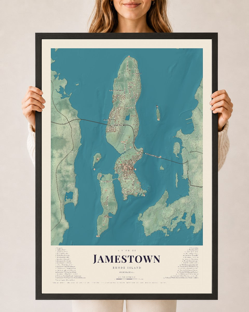 Jamestown, Rhode Island map print, 24" x 36" W/ Black Ayous Wood Frame mockup
