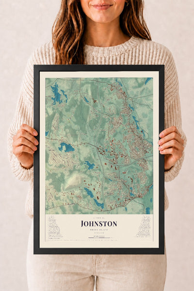 Johnston, Rhode Island map print, 12" x 18" W/ Black Ayous Wood Frame mockup