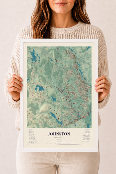 Johnston, Rhode Island map print, 12" x 18" W/ White Ayous Wood Frame mockup