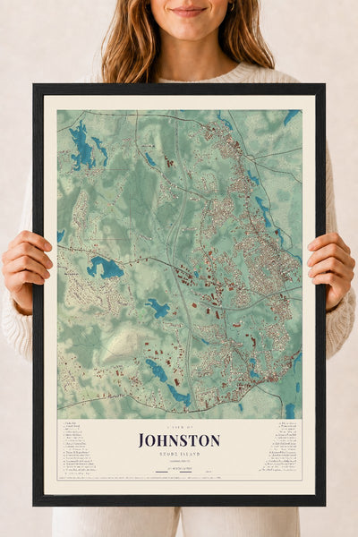 Johnston, Rhode Island map print, 18" x 24" W/ Black Ayous Wood Frame mockup