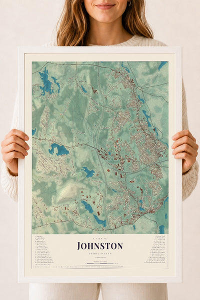 Johnston, Rhode Island map print, 18" x 24" W/ White Ayous Wood Frame mockup