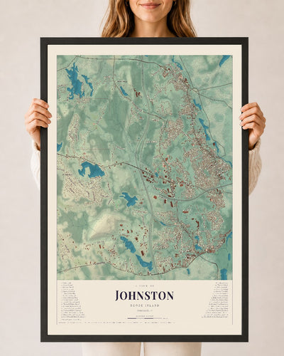 Johnston, Rhode Island map print, 24" x 36" W/ Black Ayous Wood Frame mockup