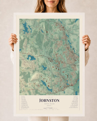 Johnston, Rhode Island map print, 24" x 36" W/ White Ayous Wood Frame mockup