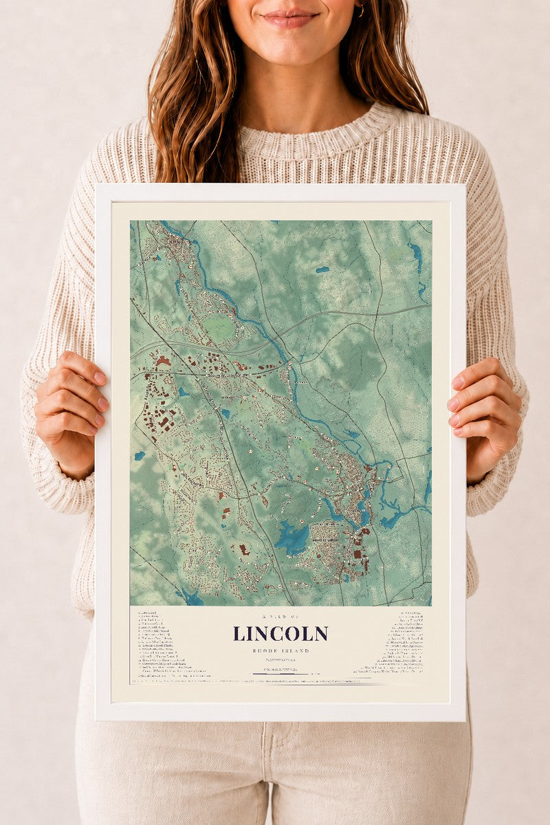 Lincoln, Rhode Island map print, 12" x 18" W/ White Ayous Wood Frame mockup